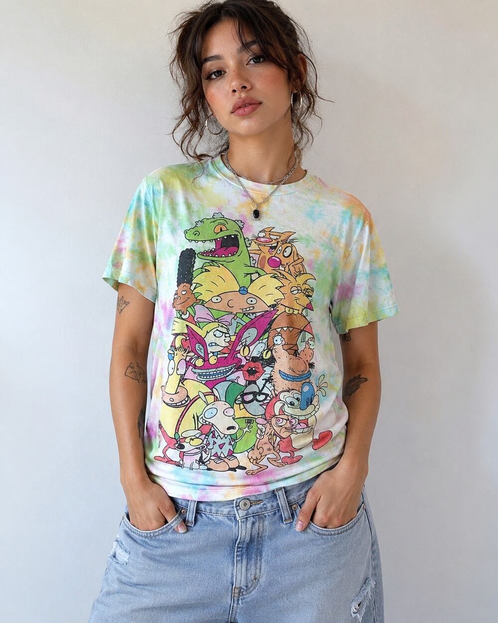 Nickelodeon Tie Dye Cartoon Graphic Tee Small Rugrats CatDog Y2K